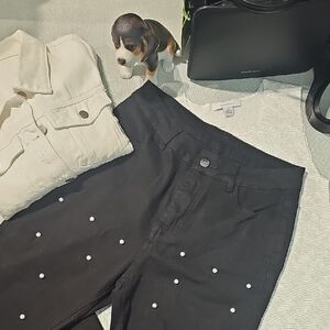 4 pc! Dressbarn tank, denim jacket, black jeans w/pearl accents and purse